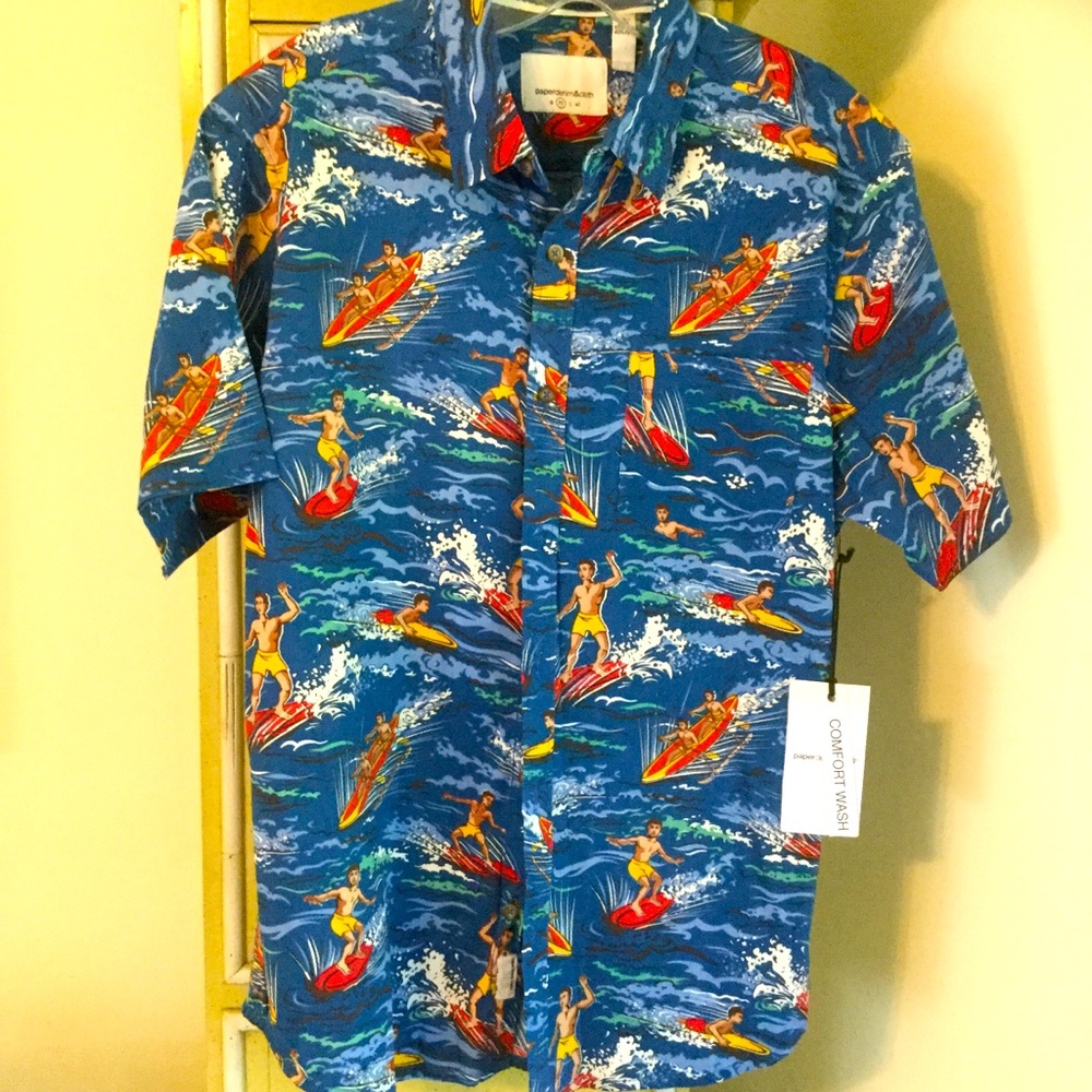New Men’s MEDIUM Hawaiian shirt by paper denim& cloth surf hula girls novelty
